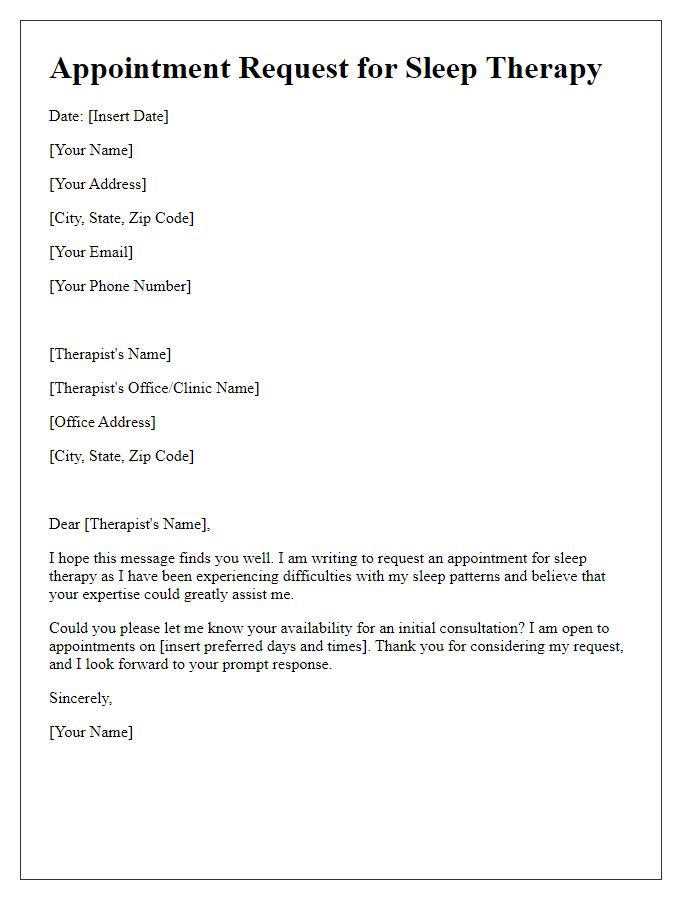 Letter template of appointment request for sleep therapy.