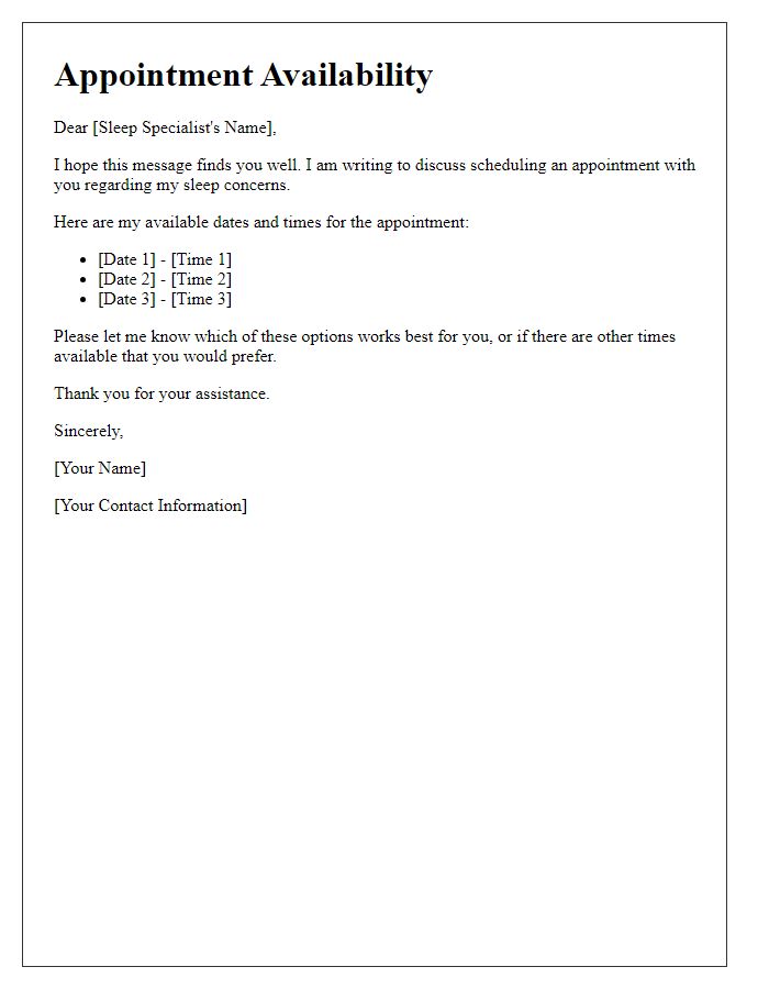 Letter template of availability for a sleep specialist appointment.