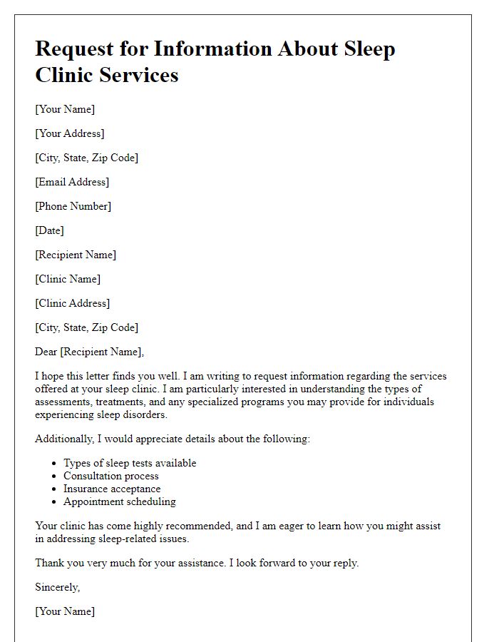 Letter template of information request regarding sleep clinic services.