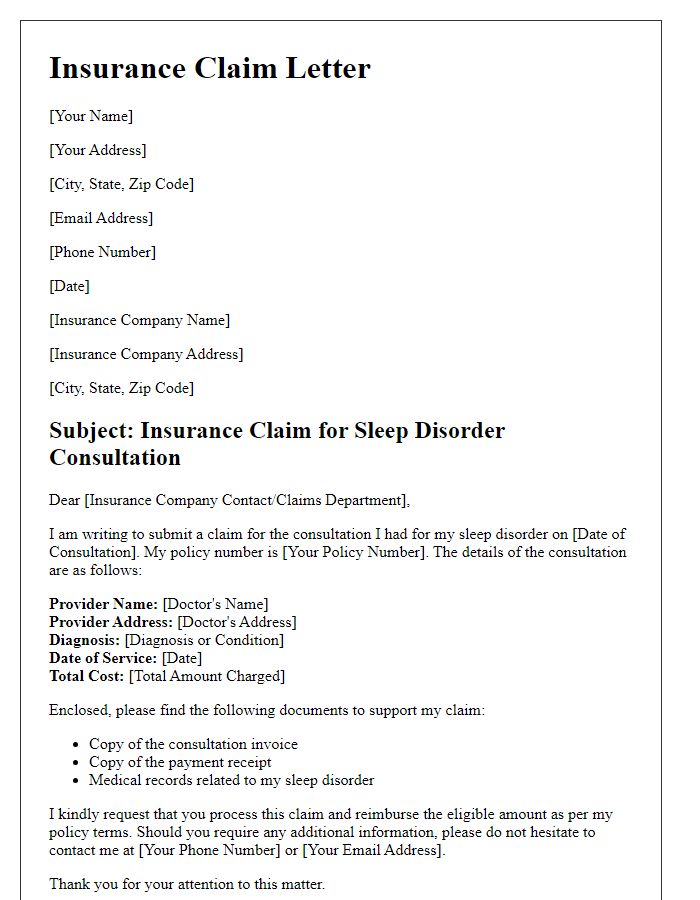 Letter template of insurance claim for sleep disorder consultation.