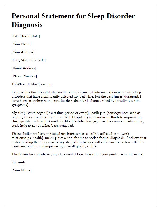 Letter template of personal statement for sleep disorder diagnosis.