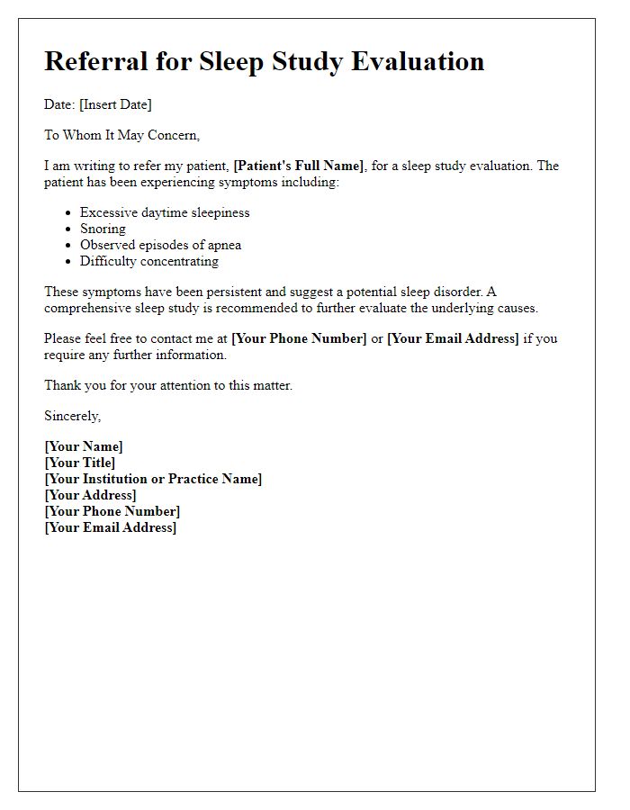 Letter template of referral for sleep study evaluation.