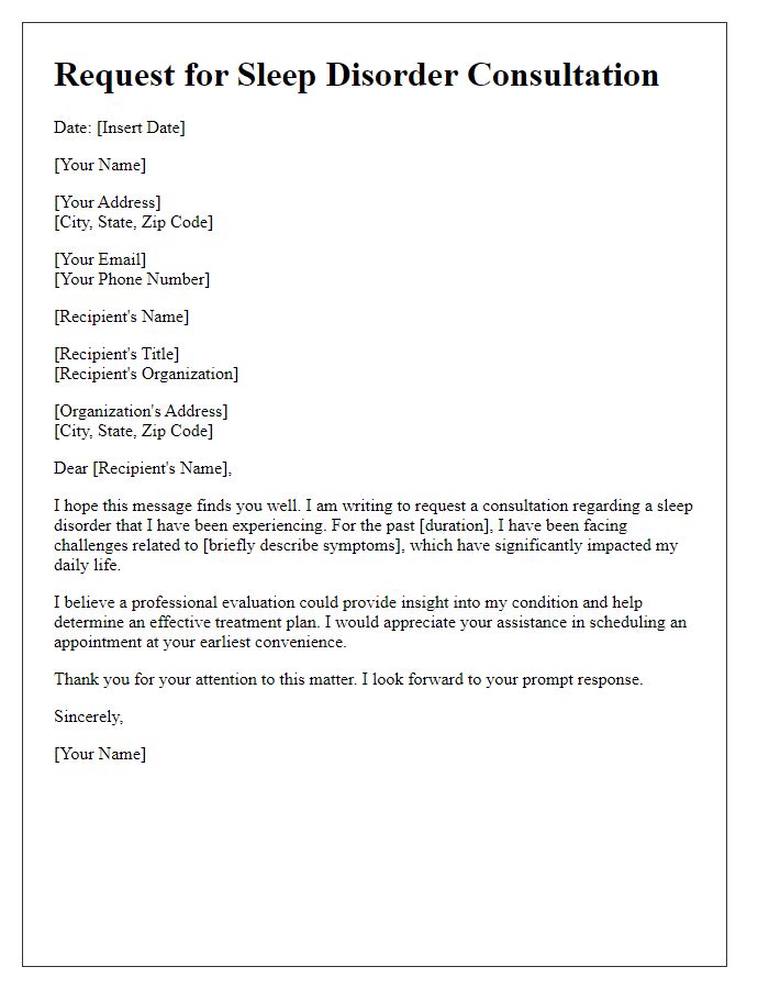 Letter template of request for sleep disorder consultation.