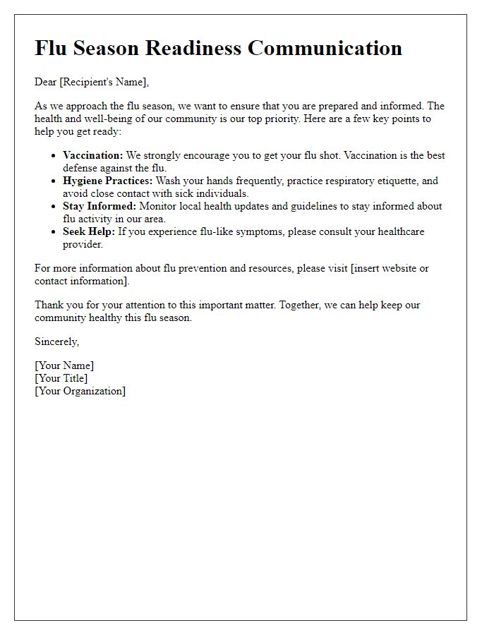 Letter template of flu season readiness communication