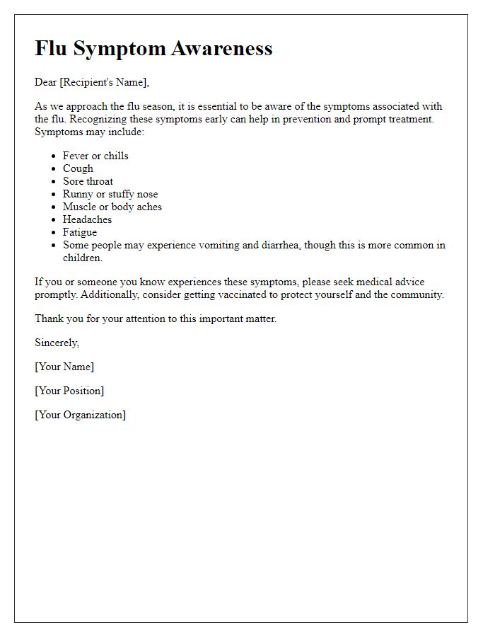 Letter template of flu symptom awareness raising