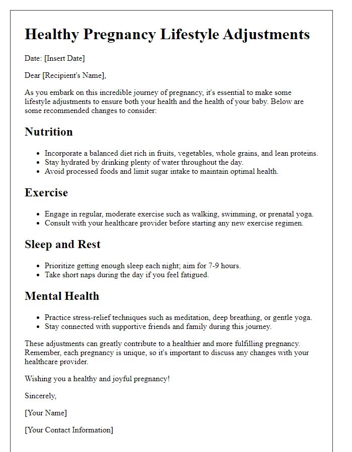 Letter template of lifestyle adjustments for a healthy pregnancy.