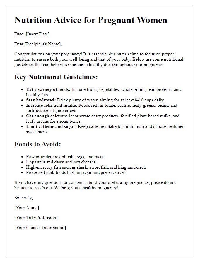 Letter template of nutrition advice for pregnant women.