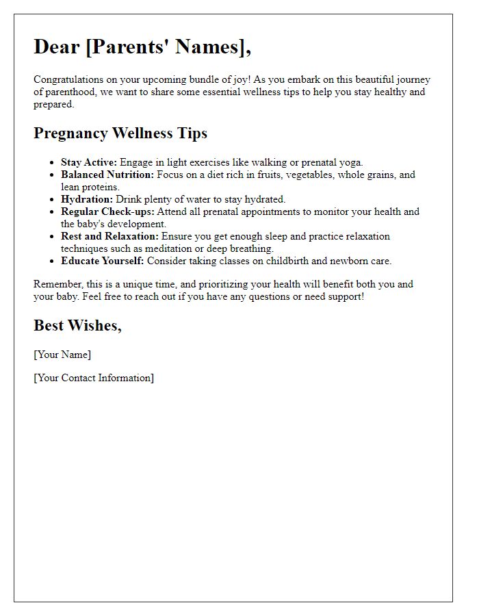 Letter template of pregnancy wellness tips for new parents.