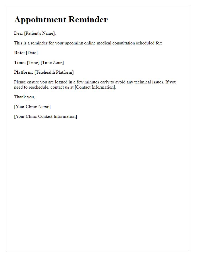 Letter template of appointment reminder for online medical consultation.