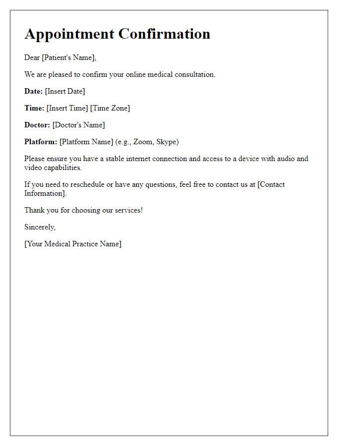 Letter template of confirmation for scheduling online medical consultation.