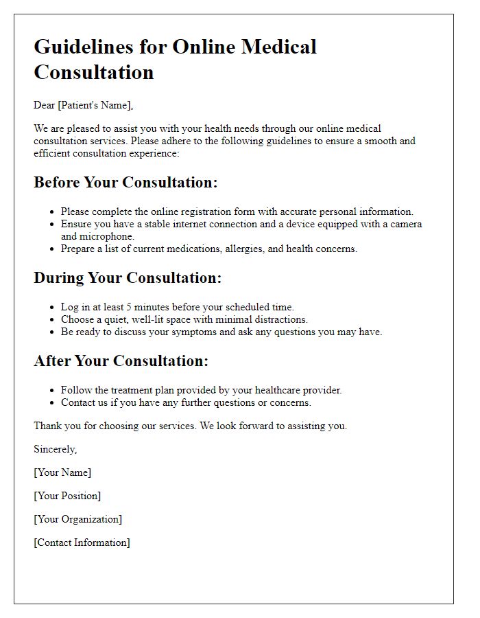 Letter template of guidelines for online medical consultation procedures.