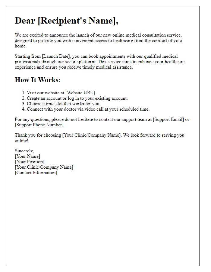 Letter template of notification for online medical consultation launch.