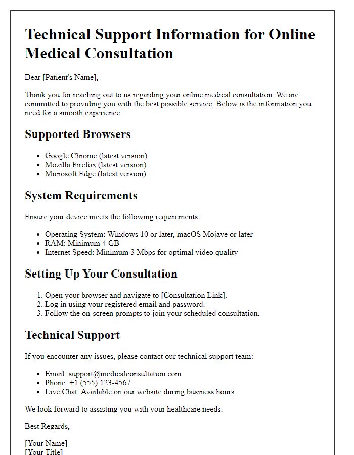 Letter template of technical support information for online medical consultation.