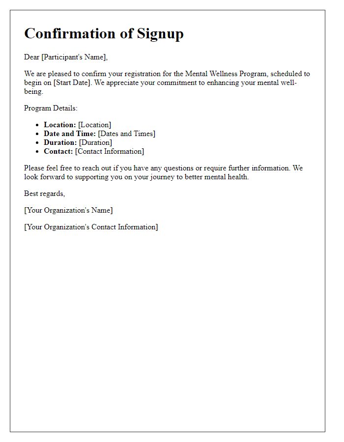 Letter template of confirmation for mental wellness program signup