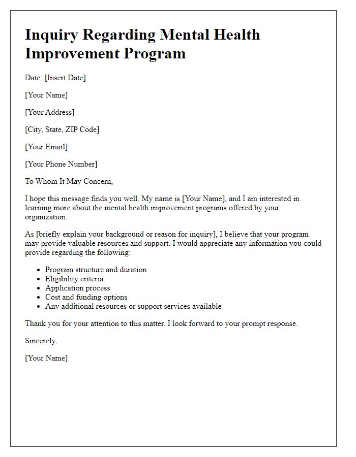 Letter template of inquiry for mental health improvement program