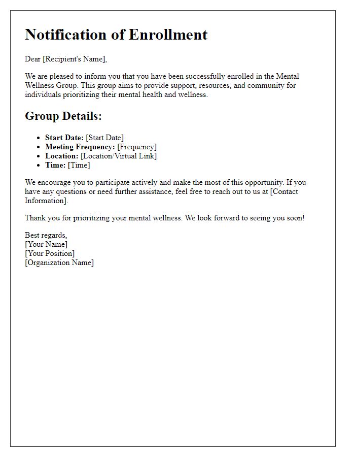 Letter template of notification for mental wellness group enrollment