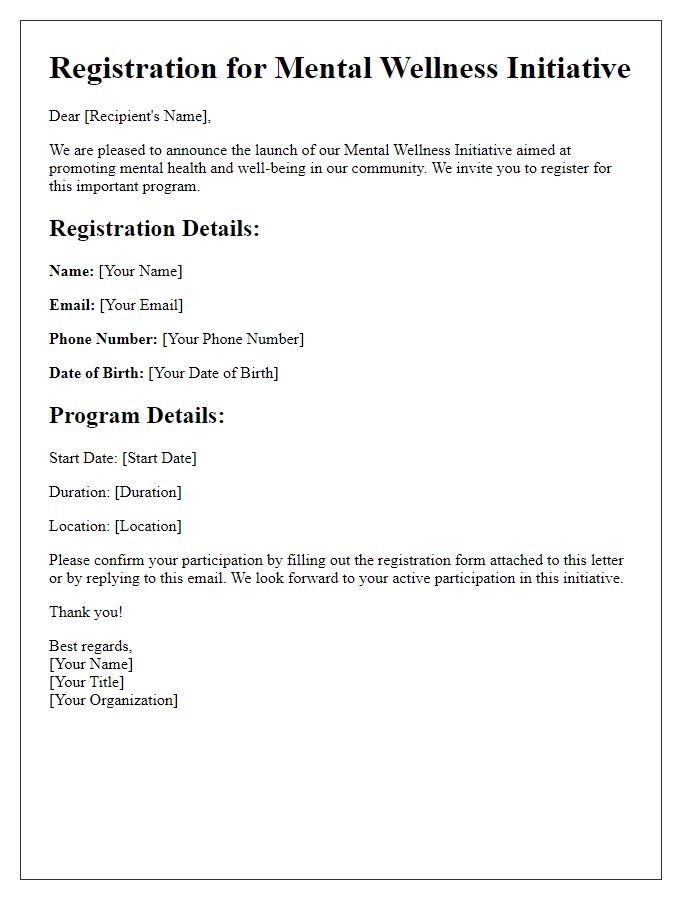 Letter template of registration for mental wellness initiative