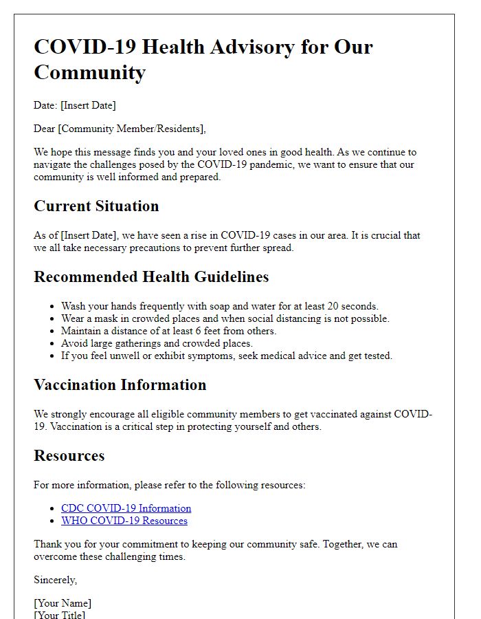 Letter template of COVID-19 health advisory for community.