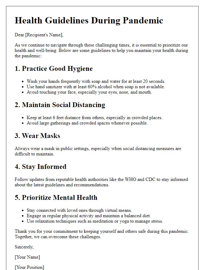 Letter template of guidelines for maintaining health during pandemic.