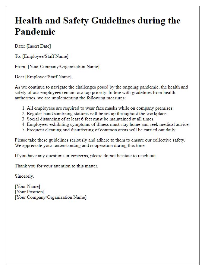 Letter template of health and safety guidelines related to the pandemic.