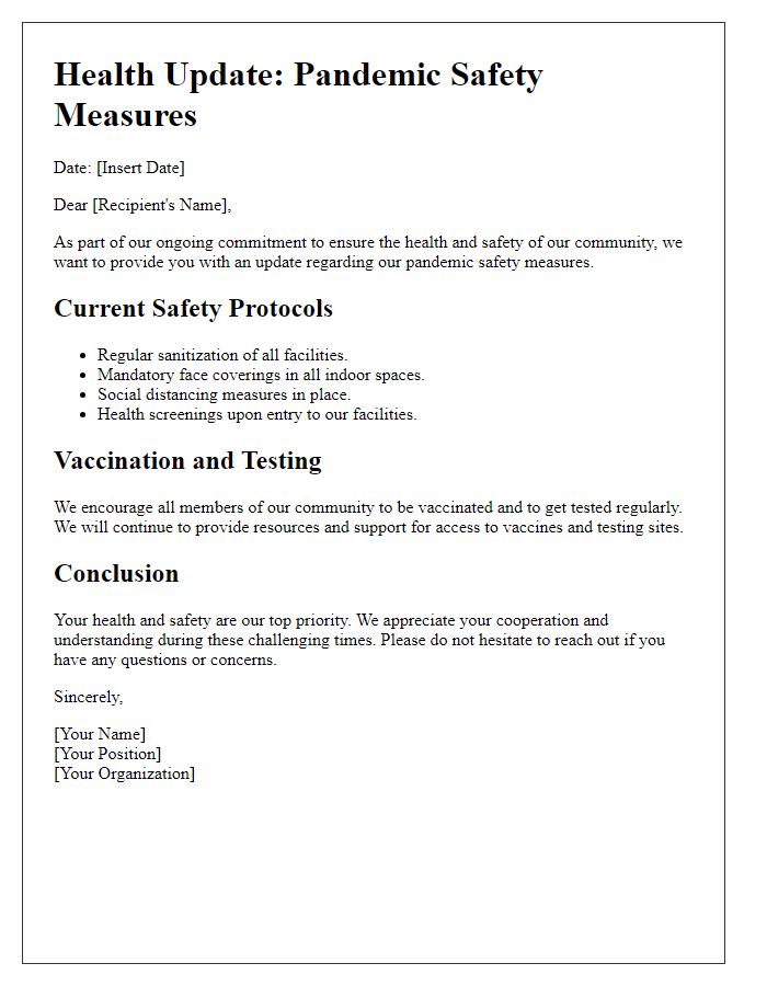 Letter template of health update regarding pandemic safety measures.