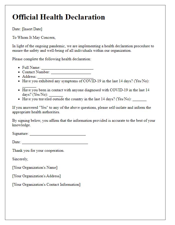 Letter template of official health declaration concerning the pandemic.