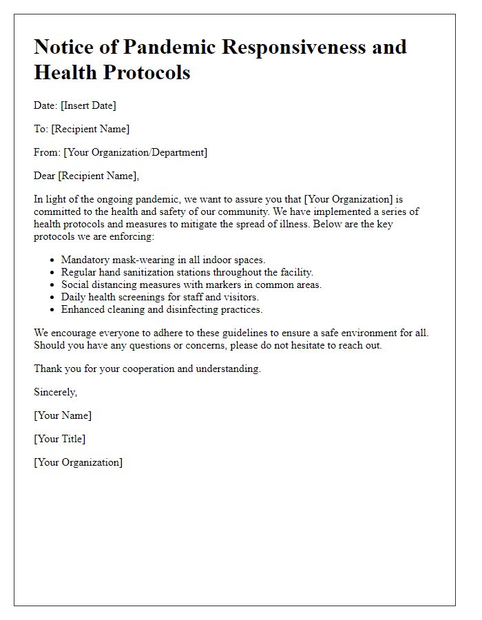 Letter template of pandemic responsiveness and health protocols.