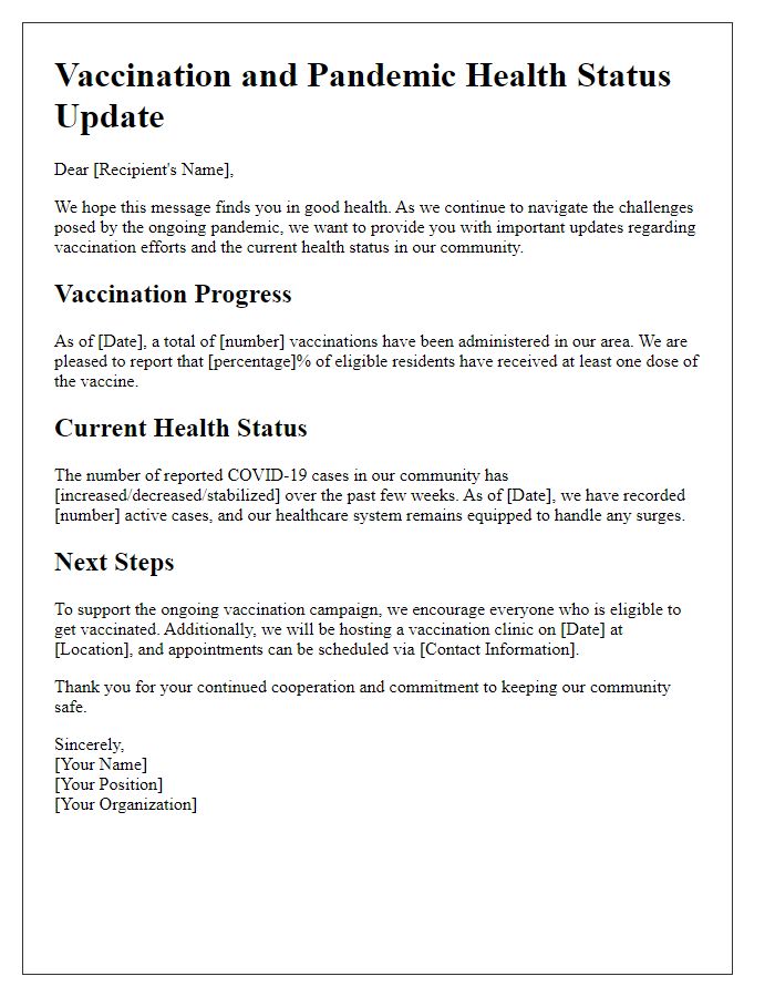 Letter template of updates on vaccination and pandemic health status.