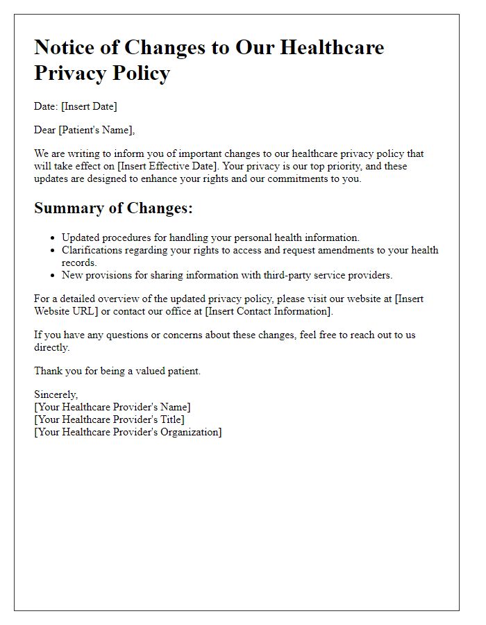 Letter template of changes to healthcare privacy policy