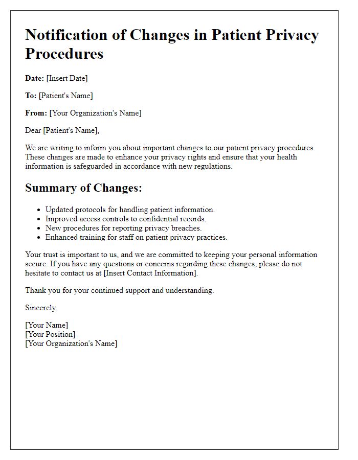 Letter template of changes in patient privacy procedures