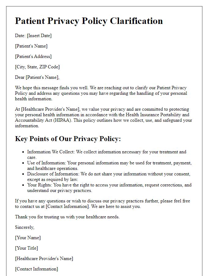 Letter template of patient privacy policy clarification