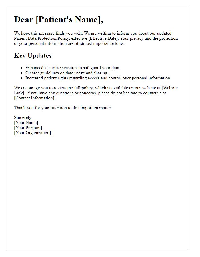 Letter template of updated patient data protection policy