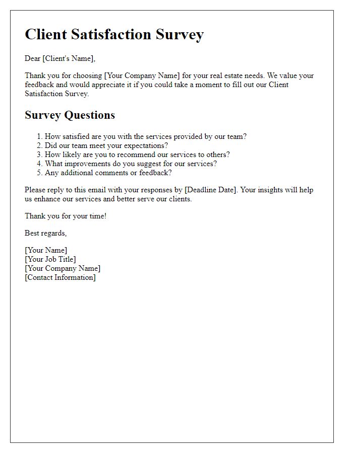 Letter template of Client Satisfaction Survey for Real Estate Services