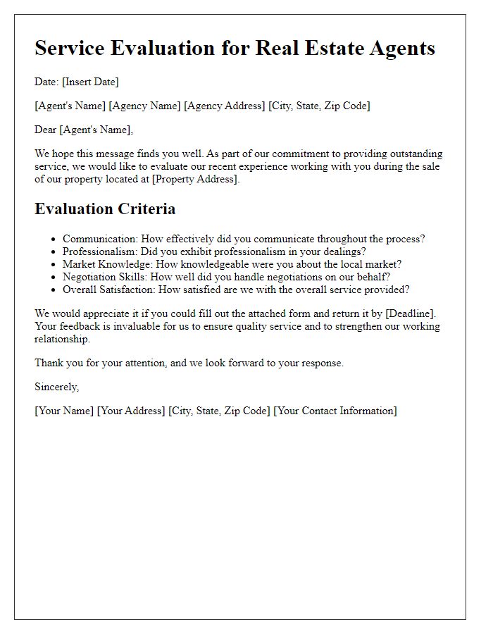 Letter template of Service Evaluation for Real Estate Agents