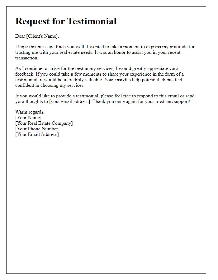 Letter template of Testimonials Request for Real Estate Transactions