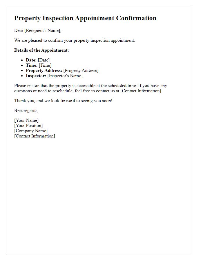 Letter template of Confirmation Email for Property Inspection Appointment