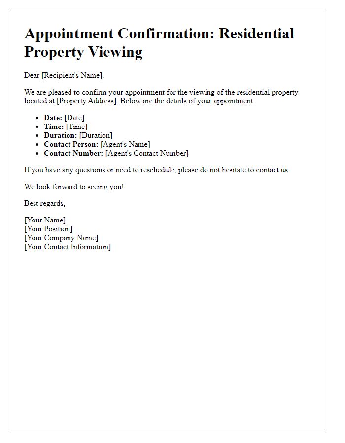 Letter template of Confirmed Appointment for Residential Property Viewing