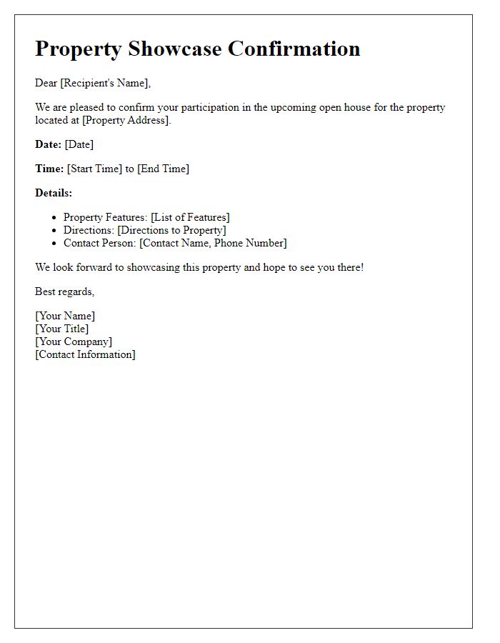 Letter template of Property Showcase Confirmation for Open Houses