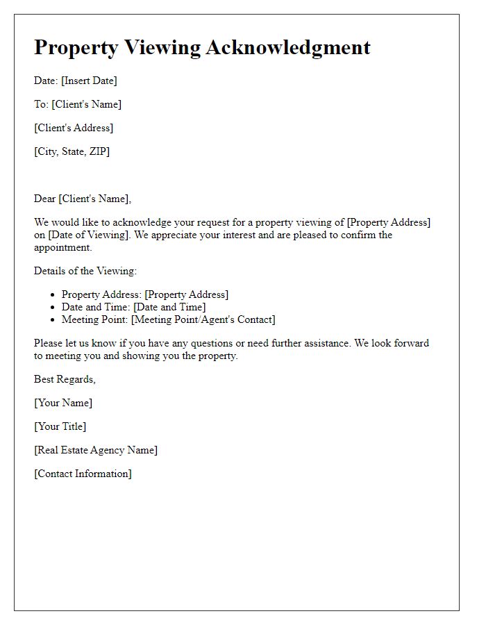 Letter template of Property Viewing Acknowledgment for Real Estate Agents