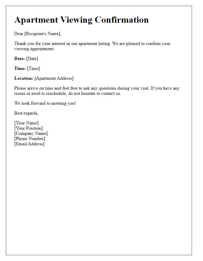 Letter template of Schedule Confirmation for Apartment Viewing