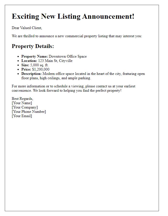 Letter template of new listing announcement for commercial property to clients