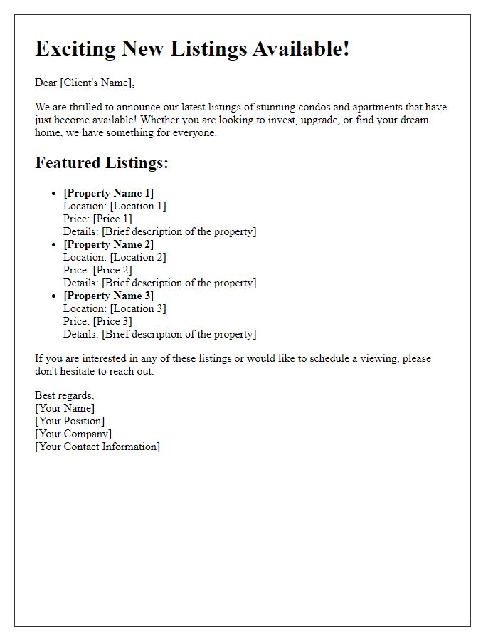 Letter template of new listing announcement for condos and apartments to clients