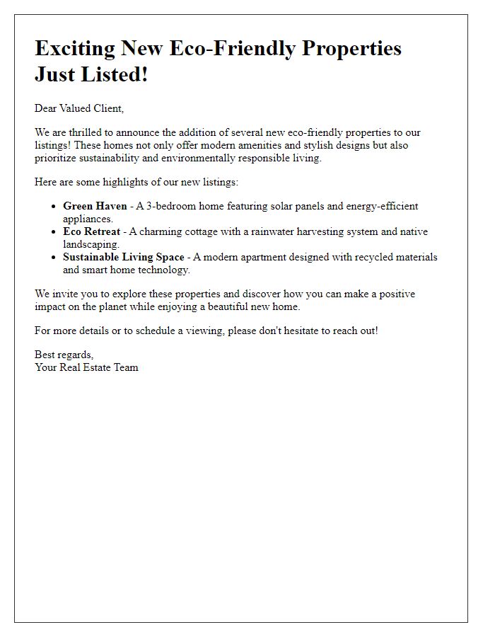 Letter template of new listing announcement for eco-friendly properties to clients