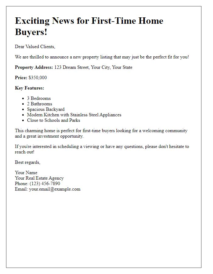 Letter template of new listing announcement for first-time buyers to clients