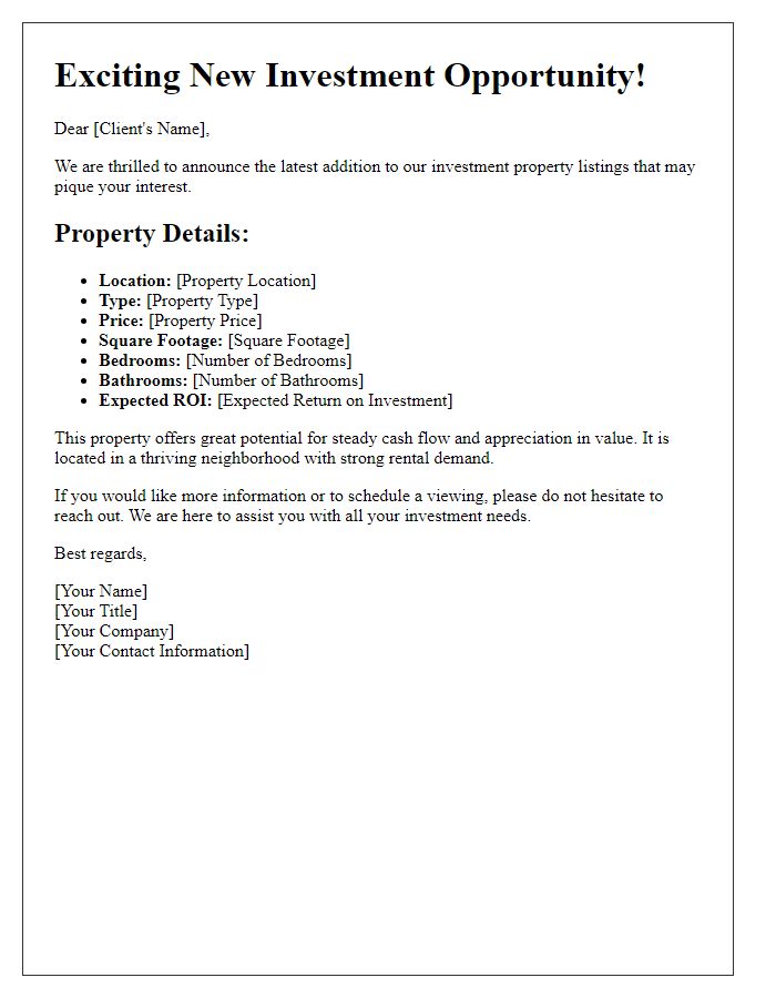 Letter template of new listing announcement for investment properties to clients