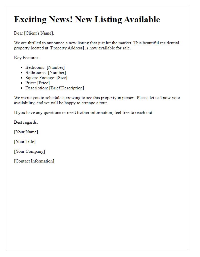 Letter template of new listing announcement for residential property to clients