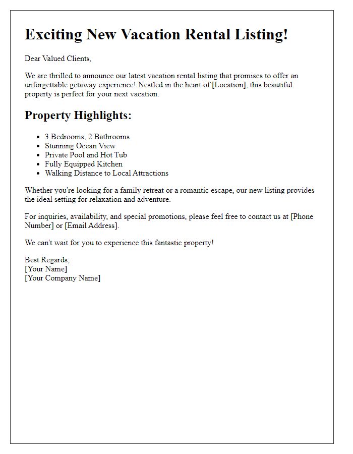 Letter template of new listing announcement for vacation rentals to clients