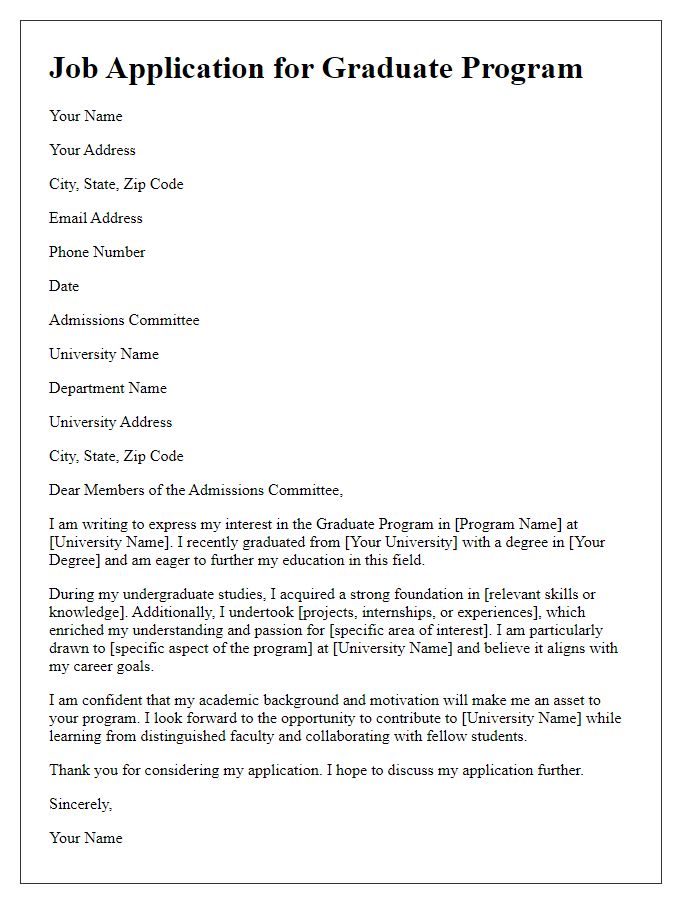 Letter template of job application for a graduate program