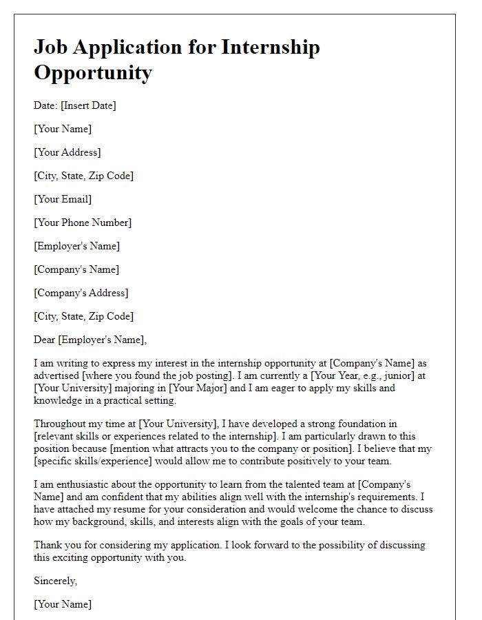 Letter template of job application for internship opportunity