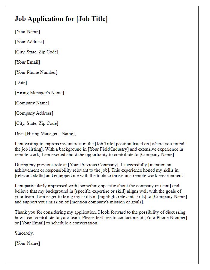Letter template of job application for remote work